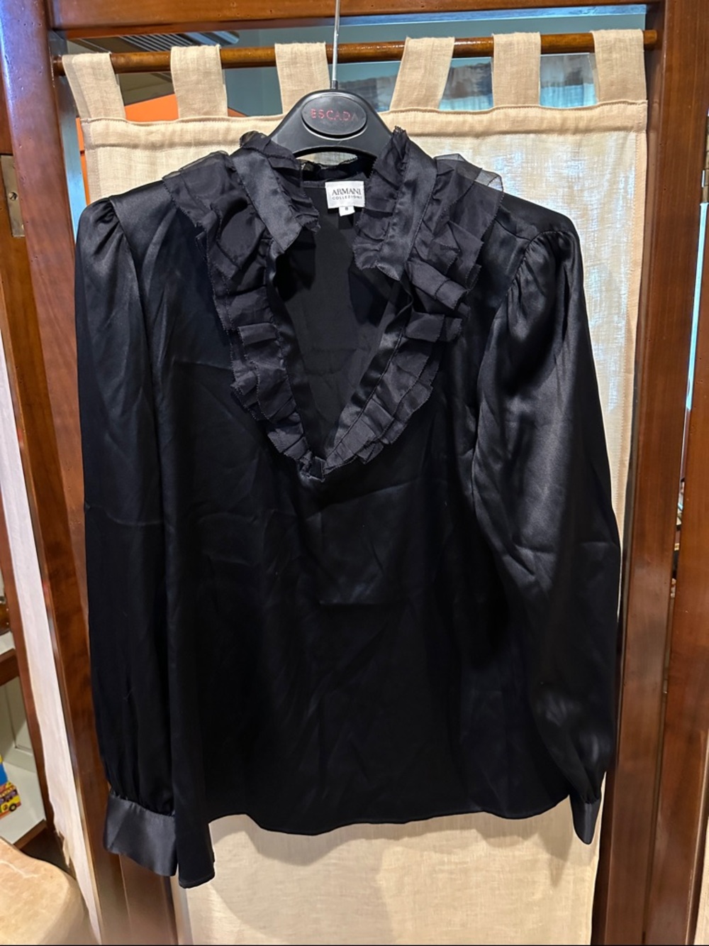 Armani Collezioni Black Satin Ruffle V-Neck Blouse